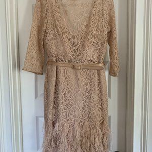 Theia Nude lace ostrich feather and sequin midi cocktail dress 12